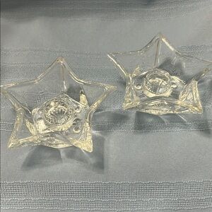 2 - Vintage Clear Glass 5-Point Star Shaped Taper Candle Holders